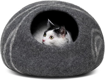MEOWFIA Cat Cave – Premium Felt Cat Bed for Indoor Cats, Handmade 100% Merino Wool (Large, Dark Grey)