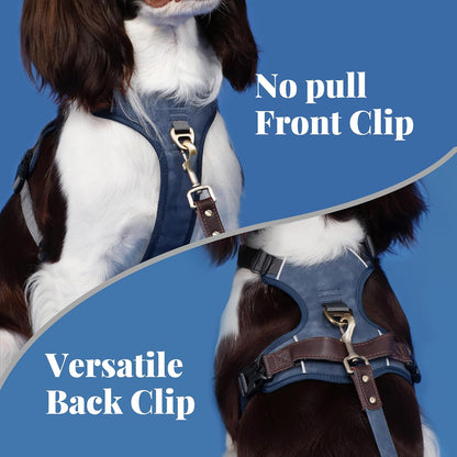 No Pull Dog Harness Medium Sized Dog,Stylish PU Leather Vest with Easy Control Handle,No Choke Front Clip with 2 Metal Leash Clips,Reflective & Adjustable for Walking,Blue,Chest 27-33"