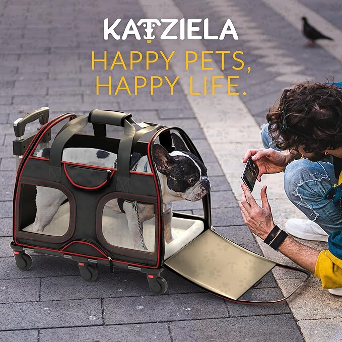 TSA and Airline Approved Pet Carrier with Wheels Katziela Luxury Rider for Dogs Cats Removable Base Flexible Top to Fit Under Seat Rolling Travel Bag (Black/Red)