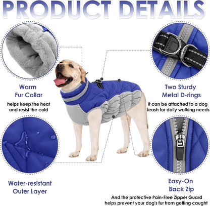 AOFITEE Dog Coat, Warm Dog Winter Coat, Reflective Cold Weather Dogs Puffer Jacket with Harness Built in, Waterproof Pet Fleece Vest Snowsuit for Small Medium Large Dogs, Blue L