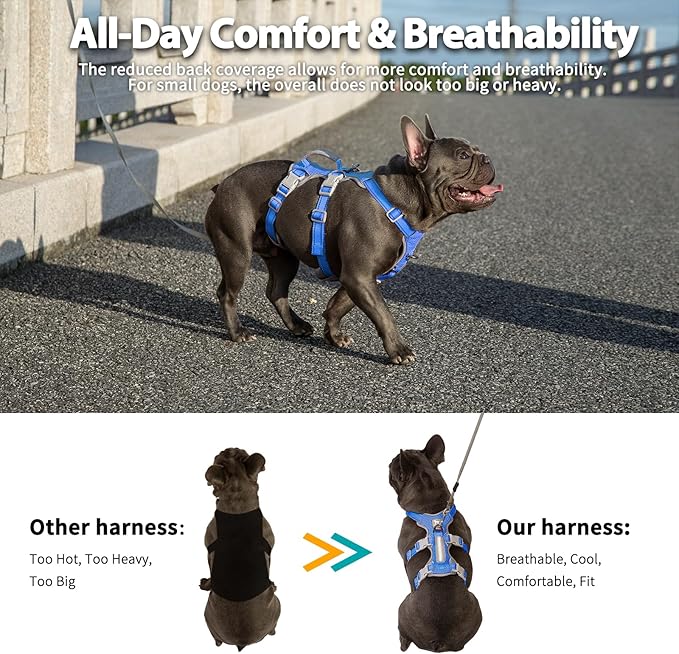 Huntboo Escape Proof Dog Harness, Secure Dog Harness No Escape, Fully Reflective Harness with Handle,Breathable,Durable, Adjustable Vest for Small Dogs Walking, Training,and Running Gear (Sea Blue,S)