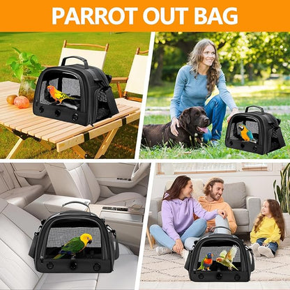 Bird Backpack,with Feeder Cups Tray Perch Portable Breathable Bird Carrier,for Small Birds Parrots Cockatiels (Black)
