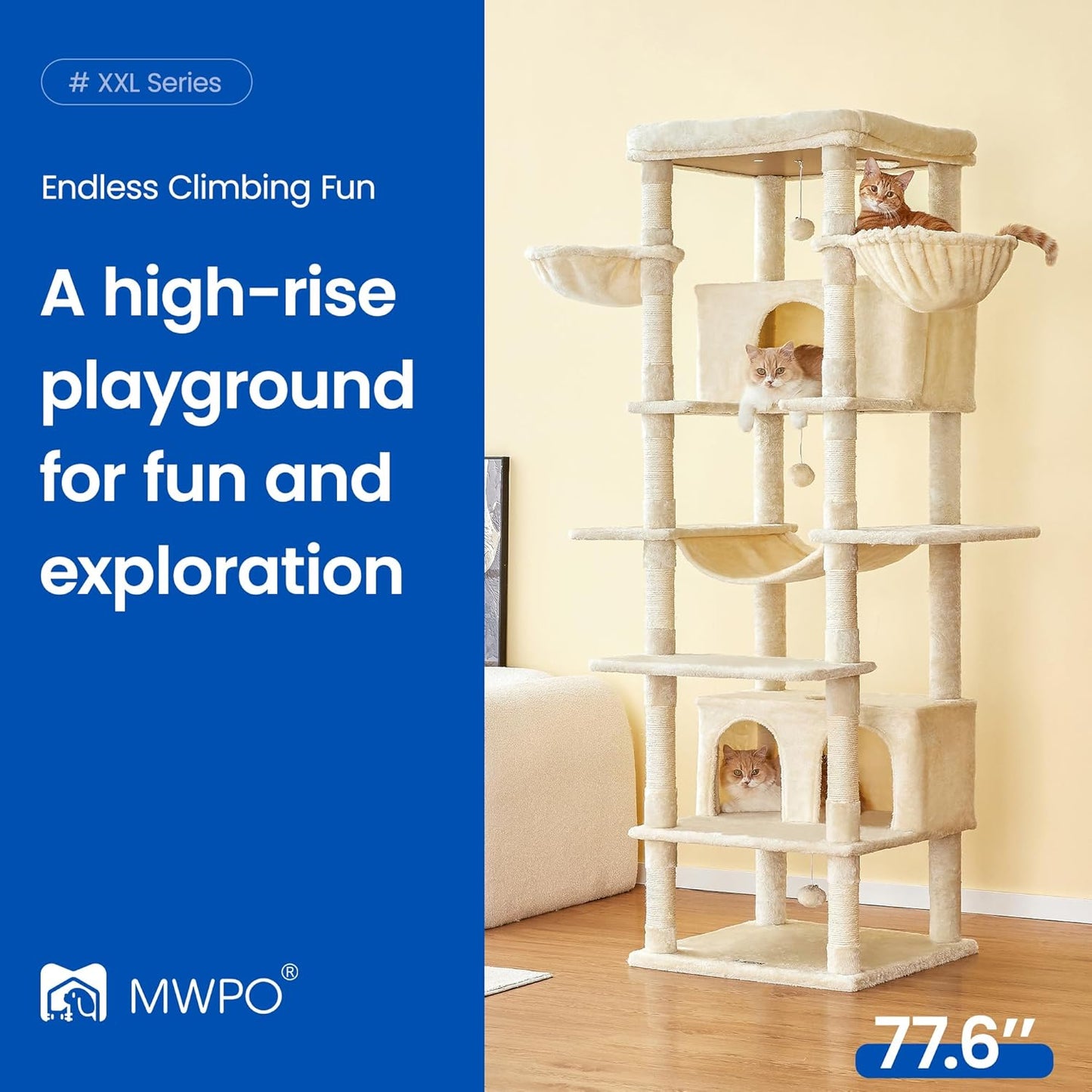 MWPO Extra Large Cat Tree, 77.6-Inch Tall Cat Tower for Indoor Cats with 2 Condos, Multi-Level Cat Stand for Large Cats, 3 Hammocks, Wide Perch, Scratching Posts, Dangling Toys, Beige