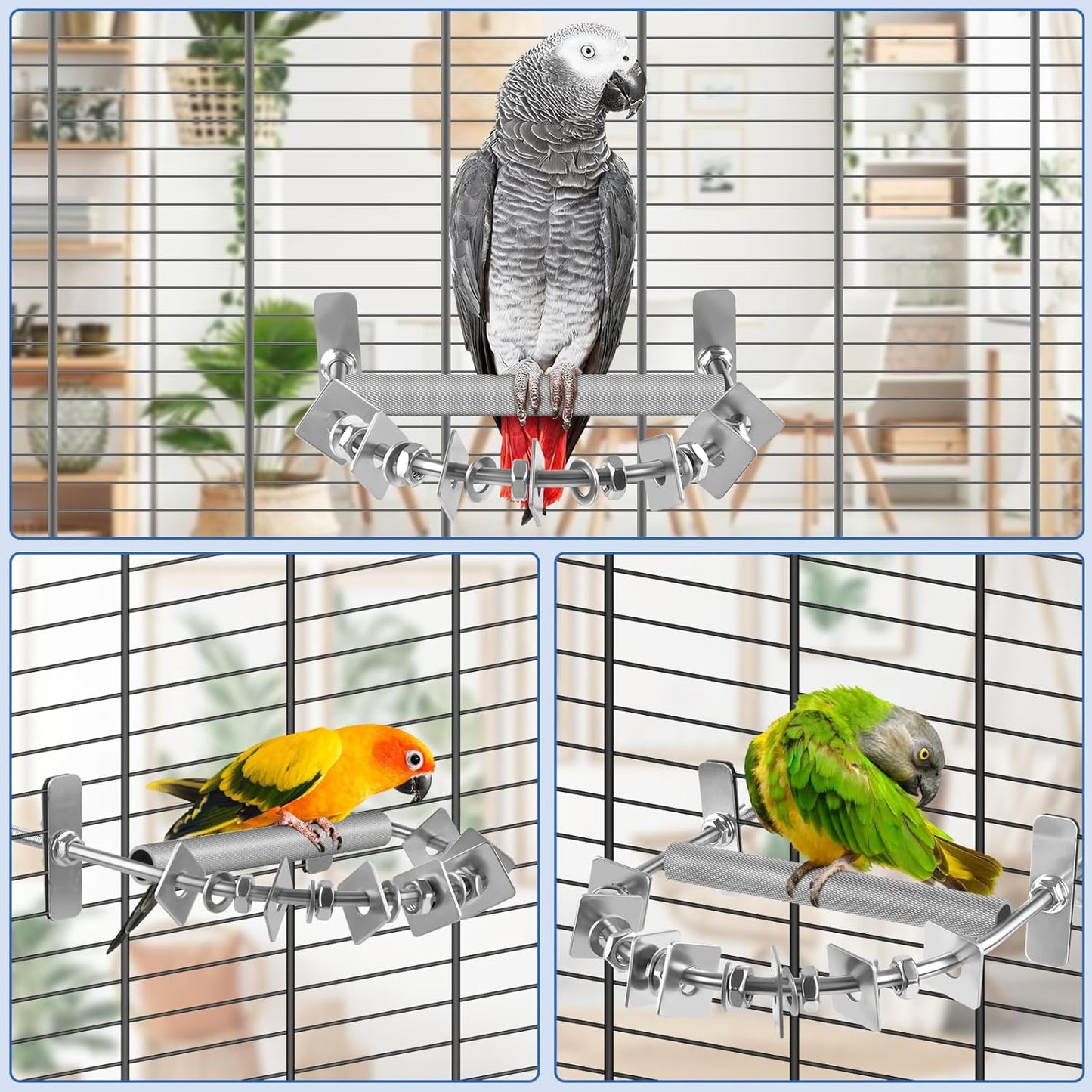 Bird Perch for Cage, Stainless Steel Parrot Perches with Metal Chew Toys, Bird Nail Trimming Cage Accessories for Cockatiels, Macaws, African Grey, Amazon Parrots