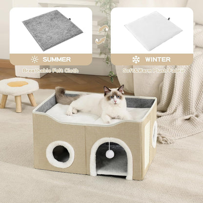 Large Cat Bed for Indoor Cats, Extra Wide Cat Cave House with Scratch Pad and Fluffy Ball, Foldable Cat Hideaway for Kitten Bed, Cat Condo for Cats (Khaki, X-Large)