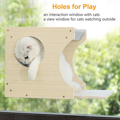 Window Cat Perch Shelves for Inside, Sturdy Wood Climbing Seat Mounted with Heavy Duty Suction Cups, Corner Window Bed for Overlooking and Sleeping(Right)