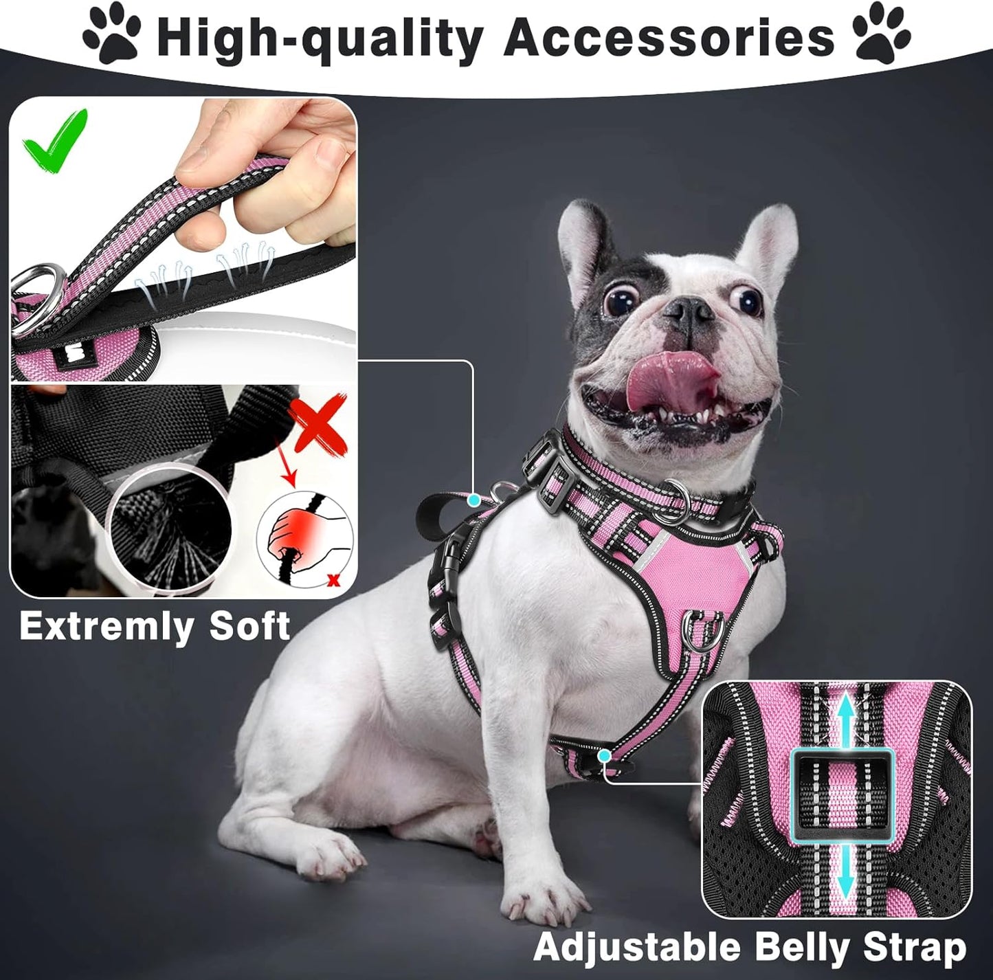 WINSEE Pet Harness Collar and Leash Set, All-in-one Reflective Dog Harness No Pull with Adjustable Buckles for Puppies, Small, Medium, Large, and Extra-Large Dogs (Small, Pink)