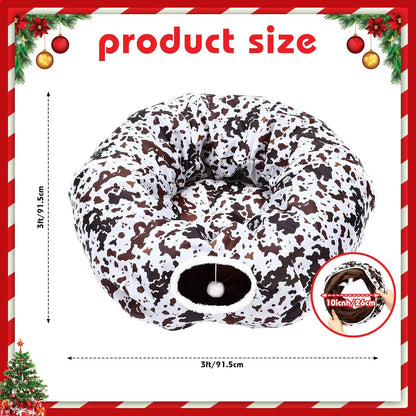 Cat Tunnel Bed Under Christmas Tree 36'' Kitten Circle Donut Tunnel Skirt with Ball Mat Decorative Xmas Folding Home Kitty Guard Tube Holiday Party Indoor Pet (Brown Black White,Cowhide)