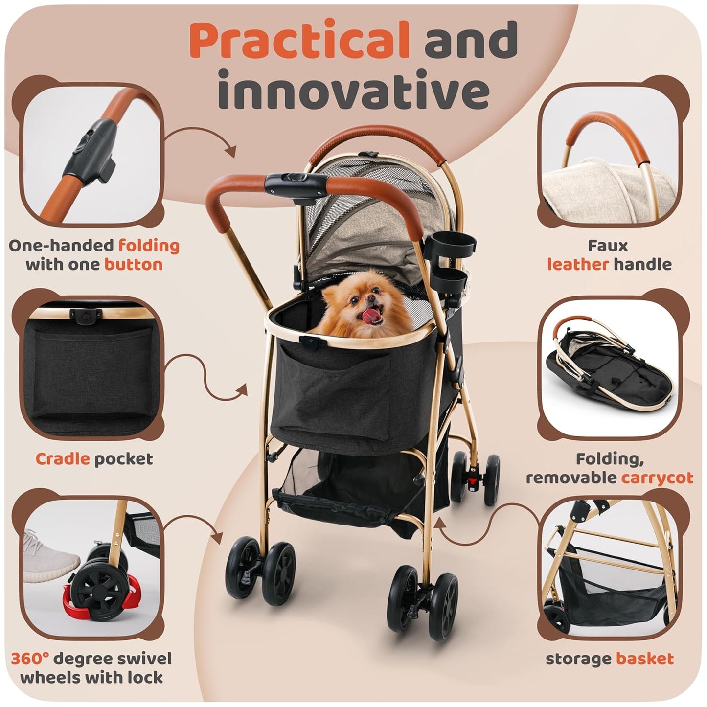 Pet Stroller for Small Medium Dogs & Cats – 2-in-1 Detachable Carrier, Zipperless Entry, Lightweight Folding Travel Stroller with Storage Basket, Cup Holder, Black&Beige