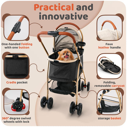 Pet Stroller for Small Medium Dogs & Cats – 2-in-1 Detachable Carrier, Zipperless Entry, Lightweight Folding Travel Stroller with Storage Basket, Cup Holder, Black&Beige
