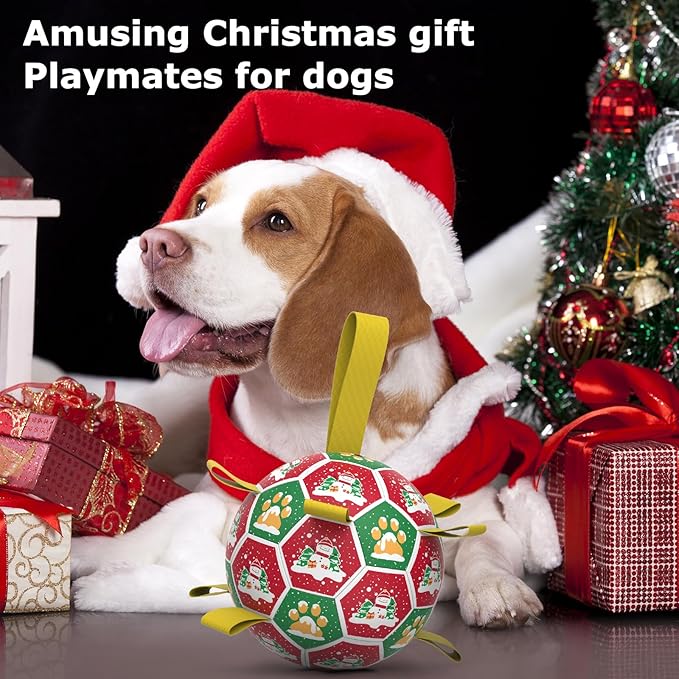 QDAN Christmas Dog Toys Balls, Puppy Toys, Soccer Ball with Straps (8 Inch)