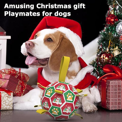 QDAN Christmas Dog Toys Balls, Puppy Toys, Soccer Ball with Straps (8 Inch)