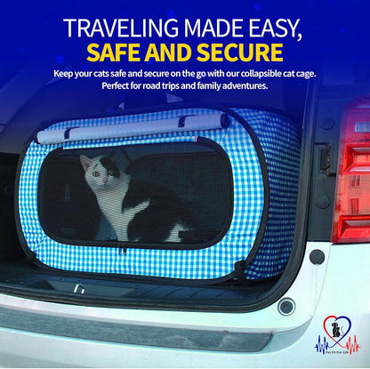 Pet Fit For Life Extra Large Cat Carrier for Travel - Foldable & Portable Collapsible Kennel with Litter Box, Feather Toy & Water/Food Bowl - Ideal for Cars, Long Trips & Indoor Cats - Teal Checkers