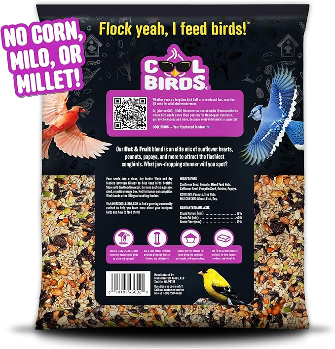 Nut & Fruit Wild Bird Seed – 10 lb. Gourmet Bird Food with Sunflower Hearts, Peanuts, Tree Nuts & Real Fruit – No Corn, Milo or Millet Bird Seed for Outside Feeders