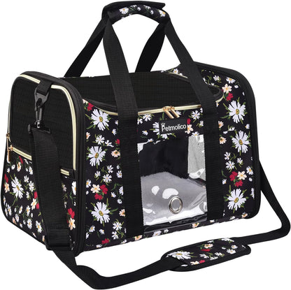 Petmolico Cat Carrier Dog Carrier, Airline Approved Soft Pet Travel Carrier with 3 Open Doors Mesh Windows for Cats Puppy 16 lbs, White Daisy