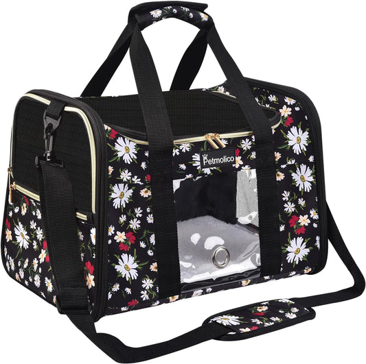 Petmolico Cat Carrier Dog Carrier, Airline Approved Soft Pet Travel Carrier with 3 Open Doors Mesh Windows for Cats Puppy 16 lbs, White Daisy