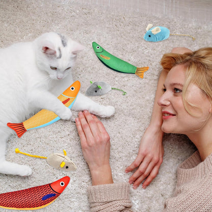 Cat Kicker Toy 6-Pack Organic Catnip Toys for Cats Squeak Mice Set with Rattle Crinkle Sound Soft Teething Chew Interactive Flopping Toys for Indoor Kittens Durable Fish-Shaped Kicker Relieve Boredom