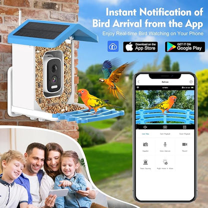 Bird Feeder with Camera Solar Powered: 2L Smart Bird Feeder, 2.5K Live Cam, AI Identification, Free 32GB Card, Waterproof Auto Video Capture for Outdoor Backyard – Gift for Festivals, Blue