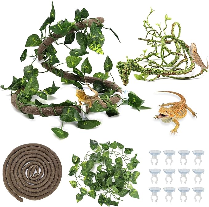Tfwadmx 3 Pcs Flexible Bend-A-Branch Jungle Vines Reptile Plants Hanging Terrarium Plastic Plant Climbing Leaves Pet Tank Habitat Decor for Lizard Frogs Snakes and More Reptiles