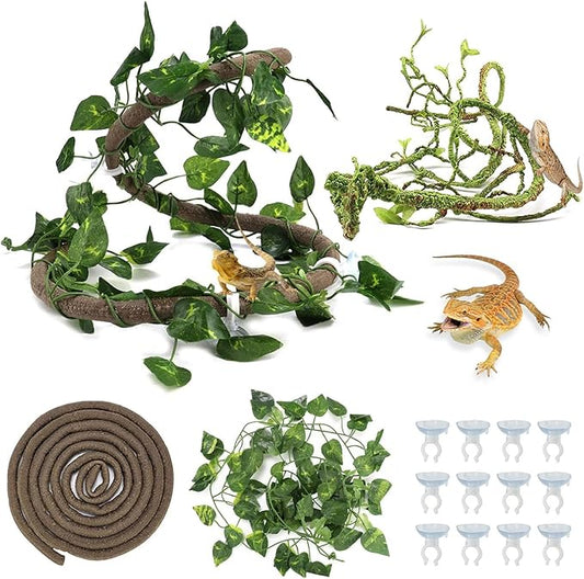 Tfwadmx 3 Pcs Flexible Bend-A-Branch Jungle Vines Reptile Plants Hanging Terrarium Plastic Plant Climbing Leaves Pet Tank Habitat Decor for Lizard Frogs Snakes and More Reptiles