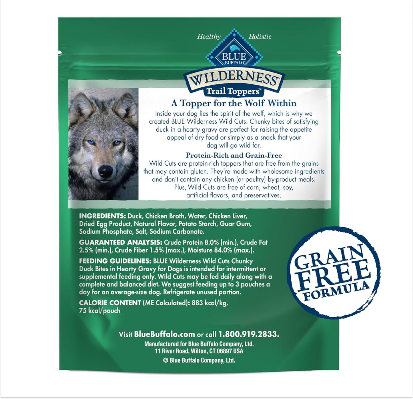 Blue Buffalo Wilderness Trail Toppers Wild Cuts Natural High-Protein Dog Wet Food, Duck Bites in Hearty Gravy, 3-oz Pouch, 24 Count