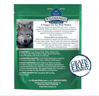Blue Buffalo Wilderness Trail Toppers Wild Cuts Natural High-Protein Dog Wet Food, Duck Bites in Hearty Gravy, 3-oz Pouch, 24 Count