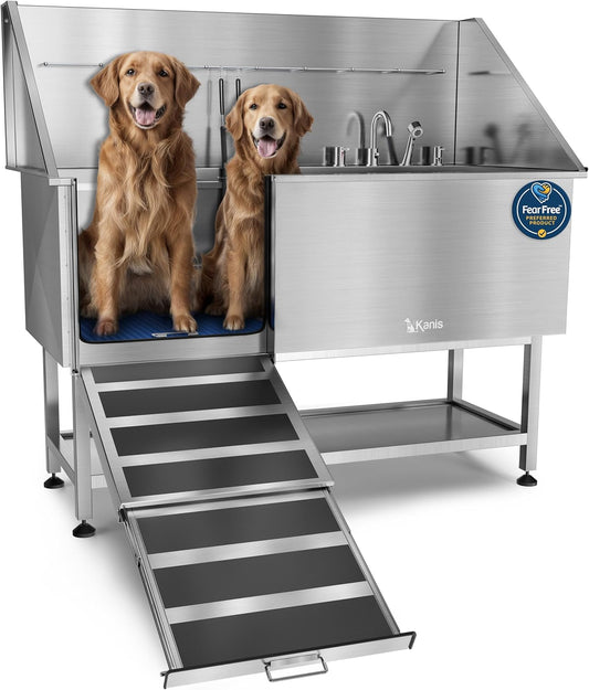 KANIS Professional Dog Washing Station - 304 Stainless Steel Pet Wash Sink & Grooming Bathtub w/Shower, Floor Grates and Storage for Large, Medium & Small Pets (61", Shelf - Left Ramp)