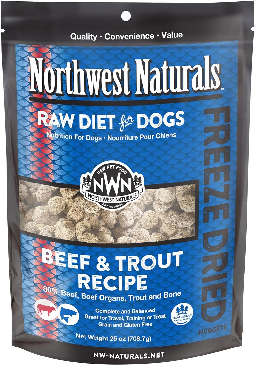 Northwest Naturals Freeze-Dried Beef & Trout Dog Food - Bite-Sized Nuggets - Grain-Free, High-Protein, Raw Diet, Human-Grade Ingredients, All Natural, Omega-3 for Skin & Coat, Made in USA, 25 Oz
