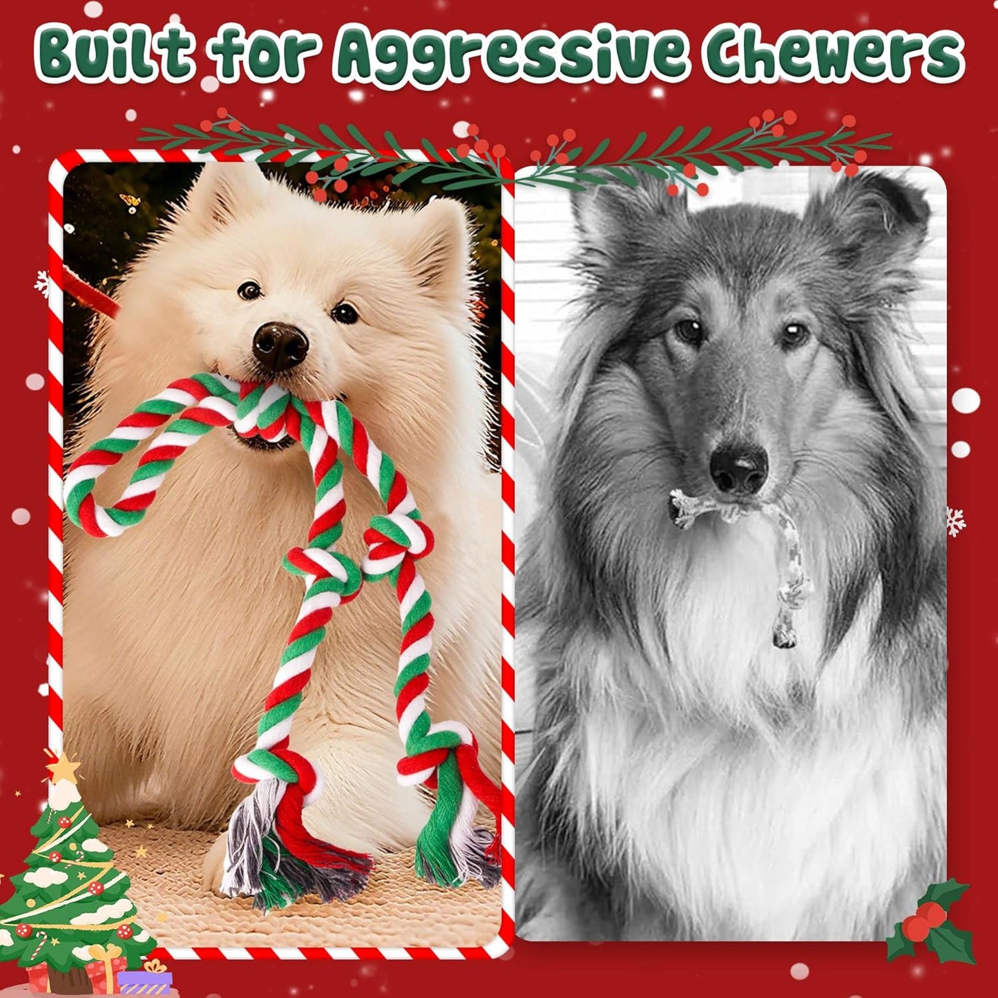 Heavy Duty Christmas Dog Rope Toys for Aggressive Chewers- Tough Tug of War & Chew Toys for Large, Medium & Small Dogs, 5 Pack Including 2 Ropes & 3 Supplies