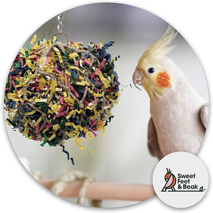 Sweet Feet and Beak Super Shredder Ball - Bird Cage Accessories to Keep Your Bird Busy Foraging for Hidden Treasures - Non-Toxic, Easy to Install Bird Foraging Toys for Medium Sized Birds - 5 Inch