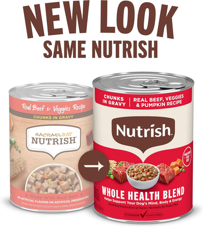 Nutrish Real Beef & Veggies Recipe Whole Health Blend Chunks in Gravy Wet Dog Food, 13 oz. Can, 12 Count, Packaging May Vary (Rachael Ray)
