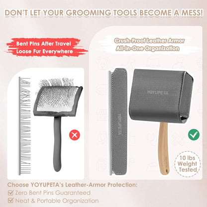 Large Dog Slicker Brush & Comb Set with Leather Sleeves - Long Pin Deshedding Brush for Golden Retrievers, Poodles, Doodles & Thick Coats, Wood Handle Pet Grooming Kit for Dogs, Cats. Natural