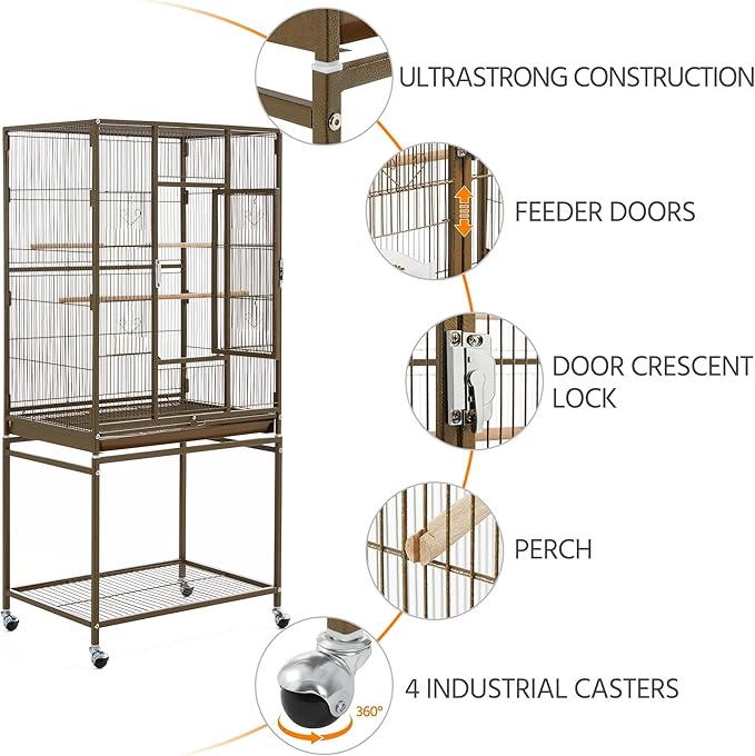 Yaheetech Wrought Iron Standing Large Parrot Parakeet Flight Bird Cage with Stand for Small Parrot Cockatiel Sun Parakeet Green Cheek Conure Lovebird Budgie Finch Canary, Palmer Green