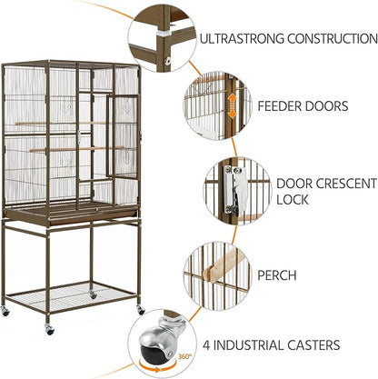 Yaheetech Wrought Iron Standing Large Parrot Parakeet Flight Bird Cage with Stand for Small Parrot Cockatiel Sun Parakeet Green Cheek Conure Lovebird Budgie Finch Canary, Palmer Green