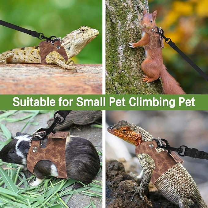 Bearded Dragon Lizard Leash Harness 3 Size Pack Leopard Print Lizard Harness Leash for Outdoor Small Reptiles Animal Squirrels (Brown)
