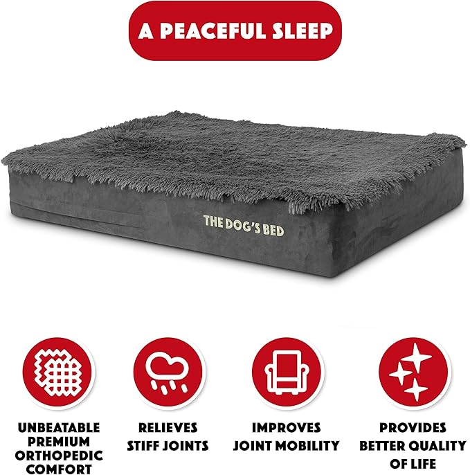 The Dog’s Bed Orthopedic Memory Foam Dog Bed, Large Grey Fur, Pain Relief for Arthritis, Hip & Elbow Dysplasia, Post Surgery, Lameness, Supportive, Calming, Waterproof Cover