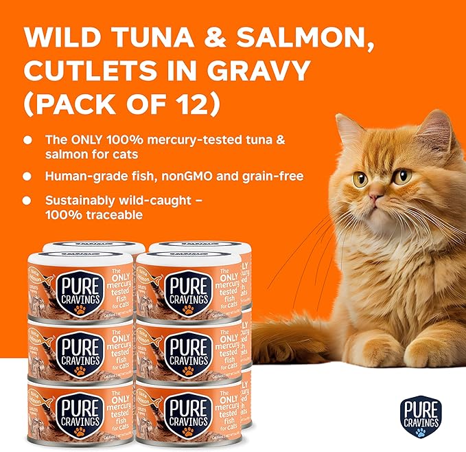 Pure Cravings Wet Cat Food Canned Tuna and Salmon Cutlets in Gravy, 100% Mercury-Tested, Moist Can Fish for Cats, Grain-Free, Protein, Non-GMO, Pack of 12