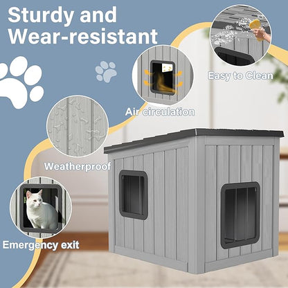 Outdoor Cat House, Cat Houses for Outdoor Indoor Cats, Clawsable Cat House Weatherproof, Feral Cat Shelter, Resin Insulated Material, Emergency Exit Easy to Clean and Install, Black