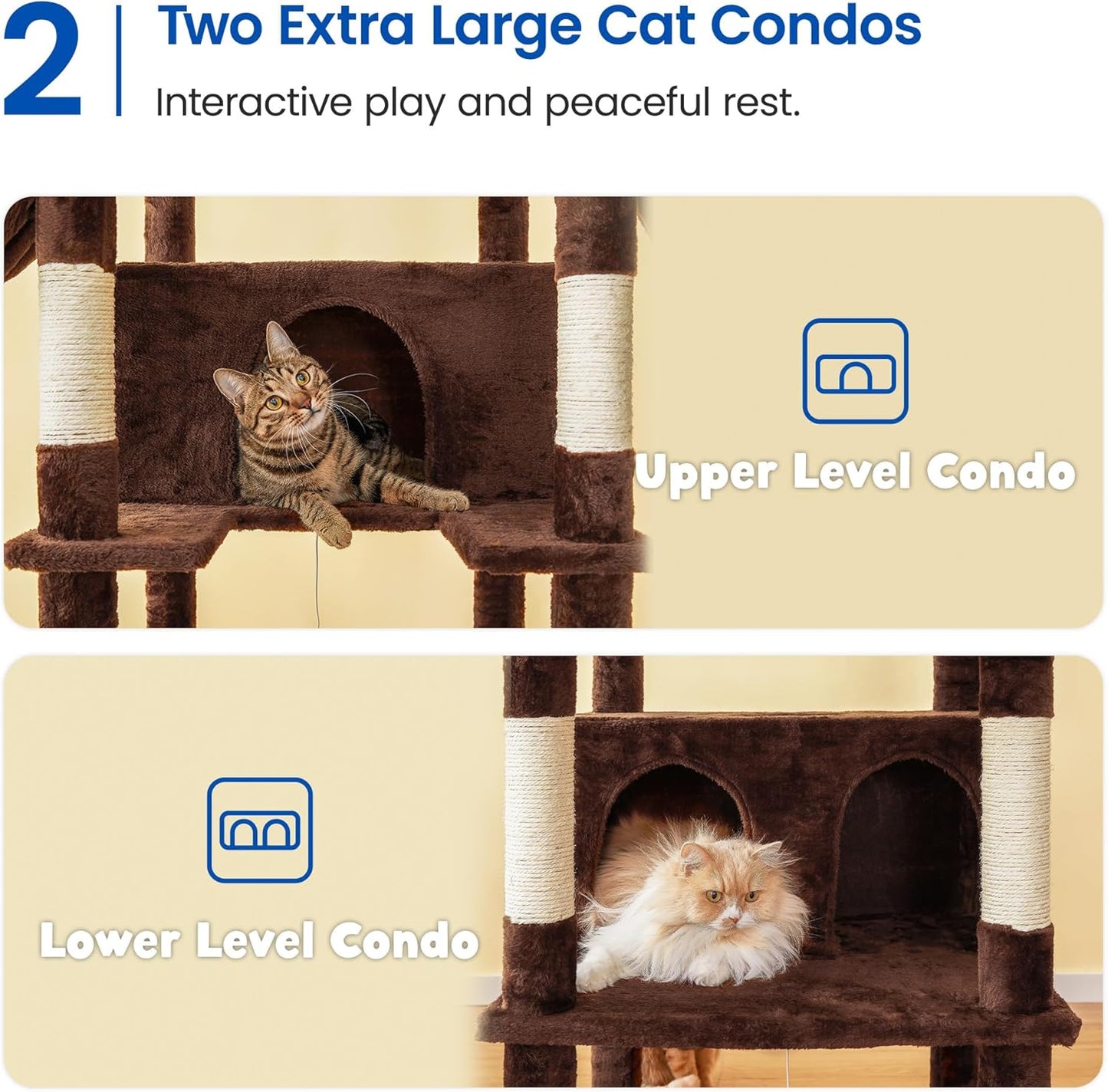 MWPO Extra Large Cat Tree, 77.6-Inch Tall Cat Tower for Indoor Cats with 2 Condos, Multi-Level Cat Stand for Large Cats, 3 Hammocks, Wide Perch, Scratching Posts, Dangling Toys, Brown
