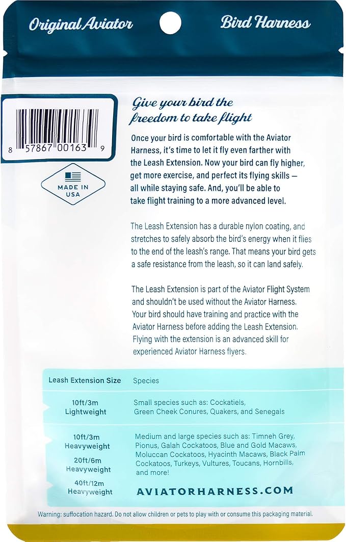 The Aviator Bird Harness Leash Extension: 40 foot/12 Meter for Medium or larg.