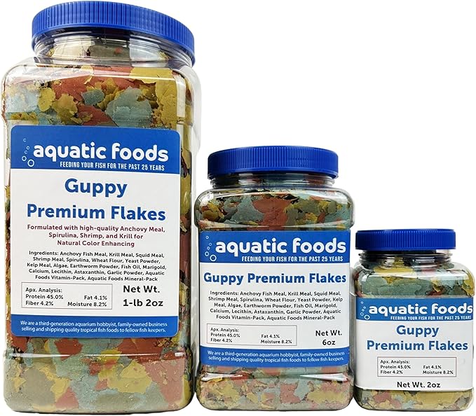 Aquatic Foods Inc. Premium Guppy and Endler Flake Food Also for Tetras, Zebras, All Nano and Micro Fish Also Pellet Mix, Wafer Mix Included…6oz