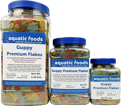 Aquatic Foods Inc. Premium Guppy and Endler Flake Food Also for Tetras, Zebras, All Nano and Micro Fish Also Pellet Mix, Wafer Mix Included…6oz
