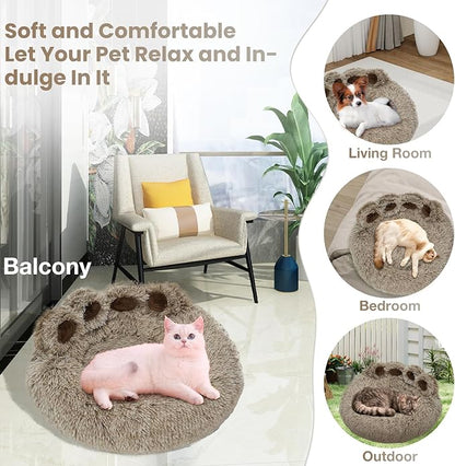 Calming Dog Bed Cat Bed Medium Size Dog - Donut Washable Medium Pet Bed, Warm Kitten Nest 24 inches Anti-Slip Round Fluffy Plush Faux Fur Cat Bed, Fits up to 25 lbs Pets, (Premium Brown)