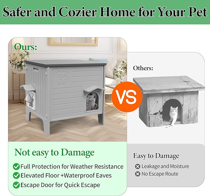 Cat House Outdoor Weatherpoof Plastic Cats Houses with Escape Door Indoor Waterproof Feral/Pet Cat Shelter Outside for Puppy, Rabbit(Grey)