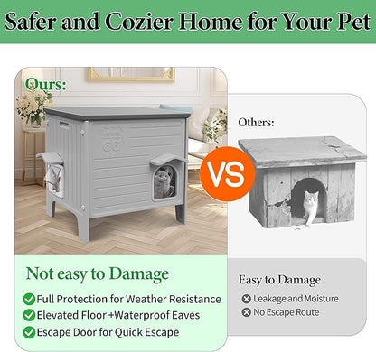 Cat House Outdoor Weatherpoof Plastic Cats Houses with Escape Door Indoor Waterproof Feral/Pet Cat Shelter Outside for Puppy, Rabbit(Grey)