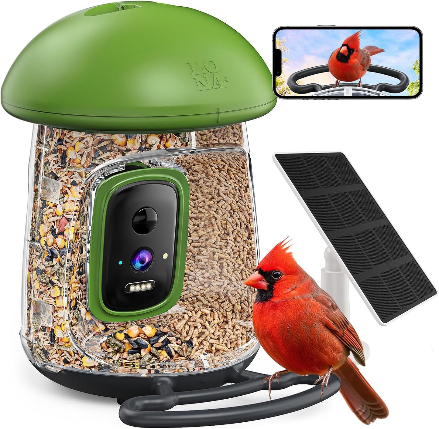 LONA Smart Bird Feeder with Camera, Dual-Lens, Solar-Powered, Wireless Birdwatching, Permanent AI Identify 10000+ Bird Species & Motion Detection, Gift Present