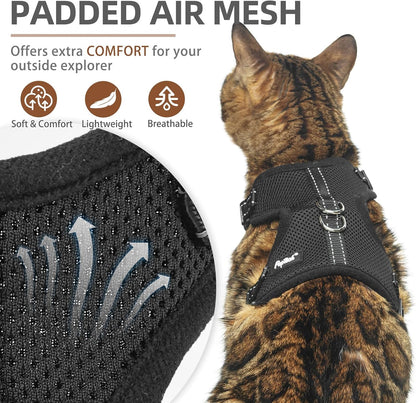PUPTECK Cat Harness and Leash Set Escape Proof, Reflective Adjustable Soft Mesh Kitten Vest Harness for Walking Travel, Black, M