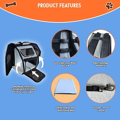 Expandable Pet Backpack Carrier – Dog & Cat Travel Bag with 4-Way Entry, Mesh Windows, Storage Pockets, Secure Zippers, Washable Cushion, Bonus 2 Collapsible Pet Bowls