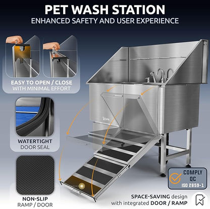 KANIS Professional Dog Washing Station - 304 Stainless Steel Pet Wash Sink & Grooming Bathtub w/Shower, Floor Grates and Storage for Large, Medium & Small Pets (50", 1 Drawer - Right Ramp)