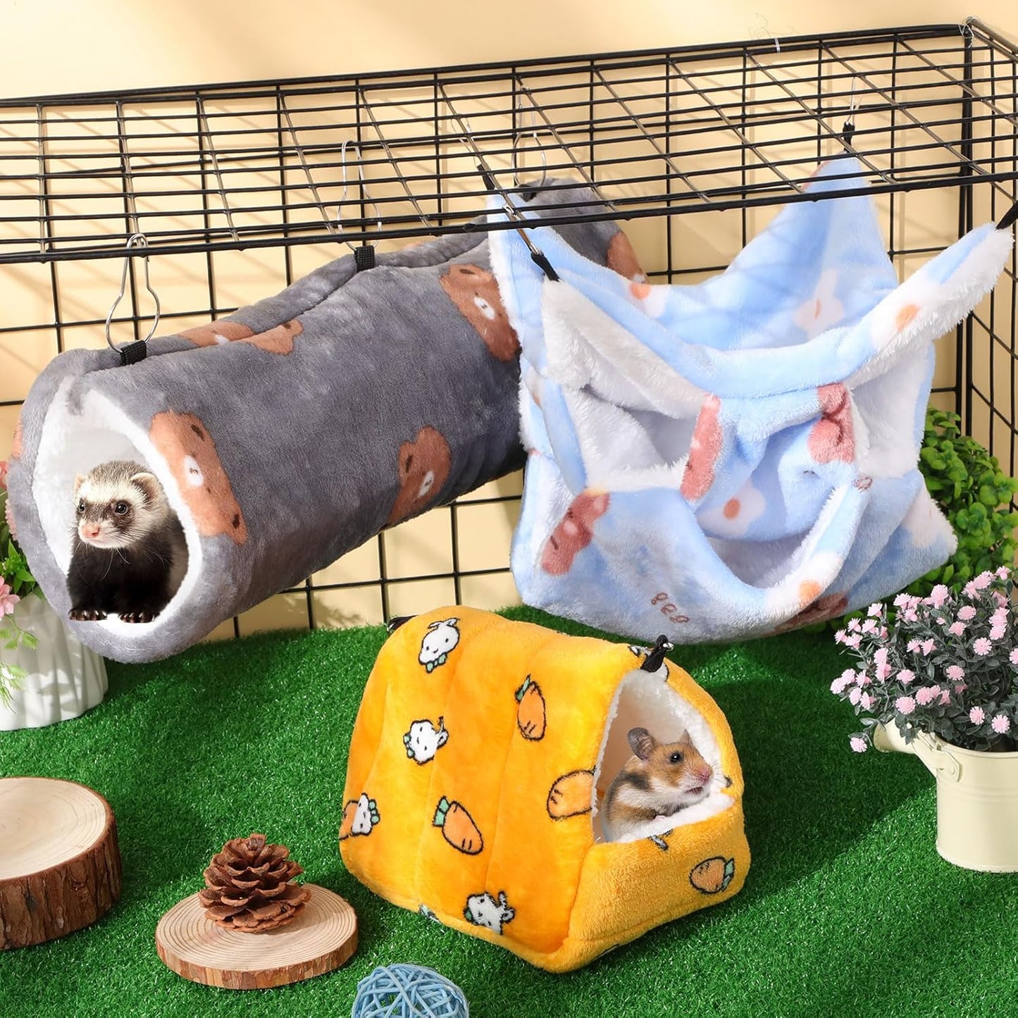 Abbylike 9 Pieces Rat Hammock 3 Tier Guinea Pig Ferret Hammocks Small Pet Hanging Tunnel Glider Toy Guinea Pig Ferret Hideout Bed Cage Accessories for Hamster(Yellow, Grey, Blue,Bear)